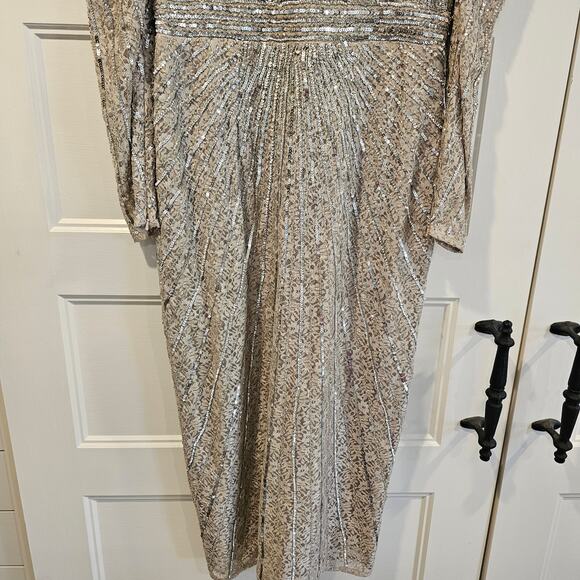 Mac Duggal 93676 V Neck Beaded Lace Midi Long Sleeve Dress Silver Taupe Size 8 - Picture 5 of 9